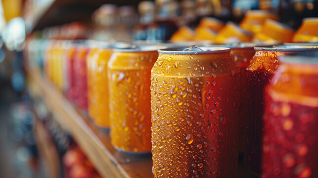 Row of colorful soda cans with condensation on store shelf, highlighting refreshment and beverage variety.