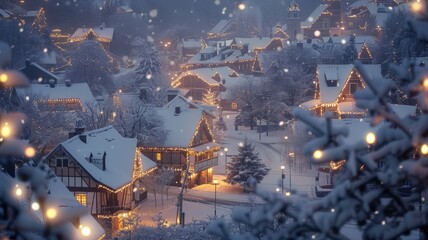 Snow-covered village with winter lights and falling snowflakes at dusk