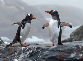 Penguins doing funny poses on rocks in Antarctica