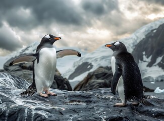 Obraz premium Penguins doing funny poses on rocks in Antarctica