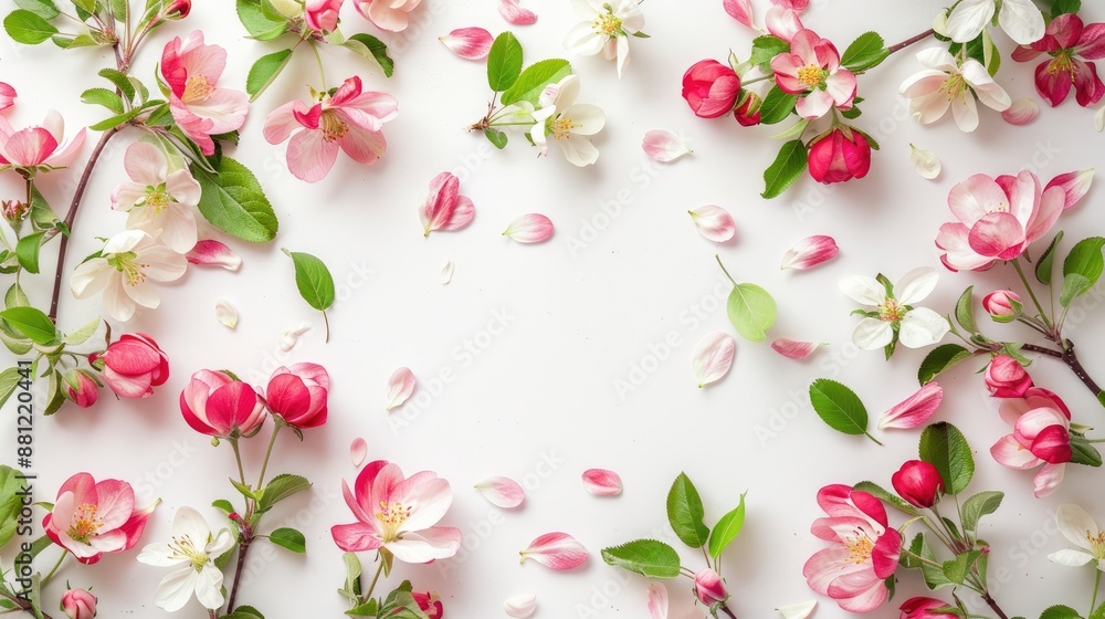 Poster apple tree flowers arranged on white background in a square frame flat lay with copy space