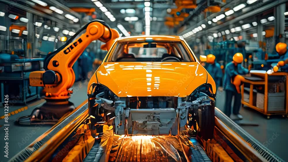 Poster industrial robot arms working in factory production line. concept of artificial intelligence for ind