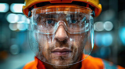 Male industrial worker in safety gear, including helmet and face shield, in a factory or construction environment.