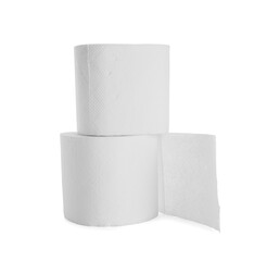 Rolls of toilet paper on white background