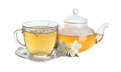 Aromatic jasmine tea in cup, flowers and teapot isolated on white