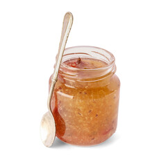 Jar with tasty gooseberry jam on white background