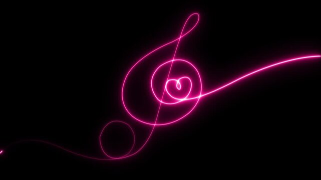 Treble Clef with Heart. Musical note heart. One line art animation. Song Element Icon Animation. Love music composition concept. Hand drawn continuous contour drawing motion outline. Romantic song.
