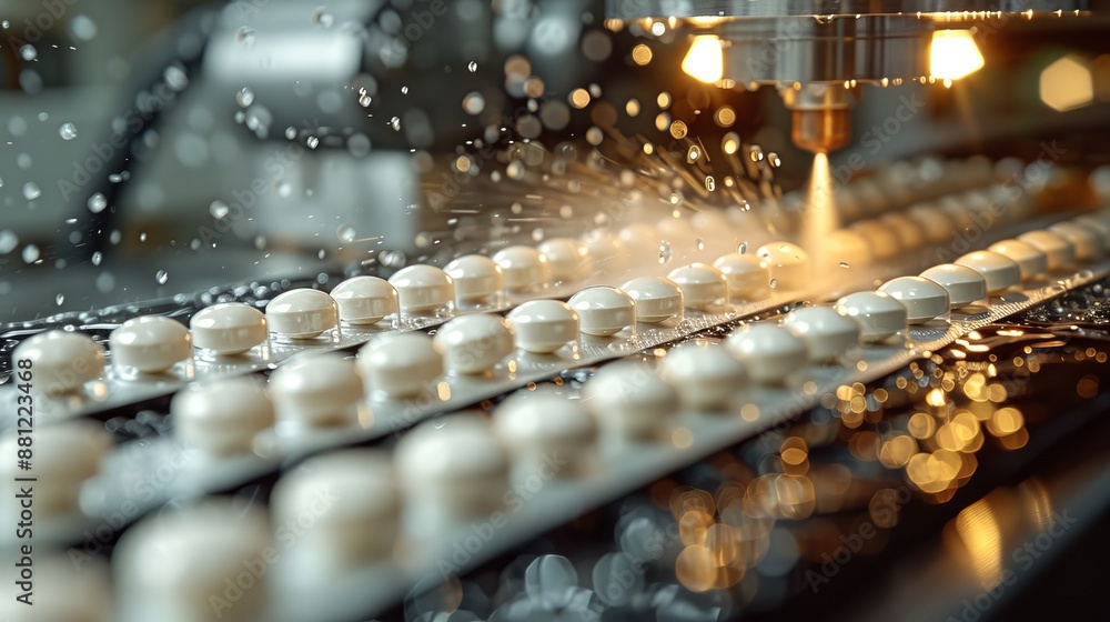 Aufkleber pills are being sprayed with liquid while in a tray. vertical video of the process.