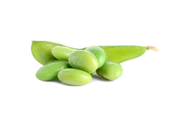 Raw green edamame pod with soybeans isolated on white