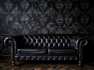 Photograph of a black vintage leather sofa in the center of a dark room with patterned wallpaper and antique furniture