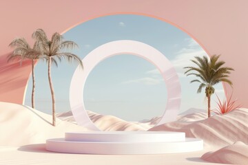 Product display with podium and palm trees in 3D