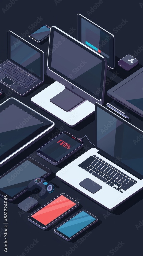 Poster adaptive and responsive web design concept showing sample website on different tech gadgets and scre
