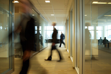 Obraz premium Corporate office, workplace. People moving in the blurry motion behind the glass. High quality photo