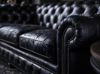 Obraz premium Photograph of a leather sofa and coffee table in a dark room, with a closeup of the texture of a genuine black chesterfield style seat with buttons for seating comfort, with the background blurred 