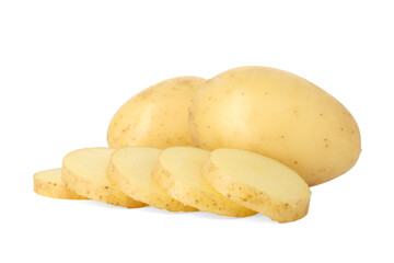 Fresh whole and cut potatoes isolated on white