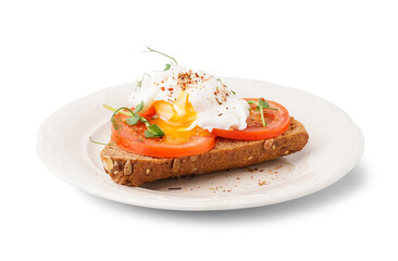 Plate of tasty sandwich with egg on white background