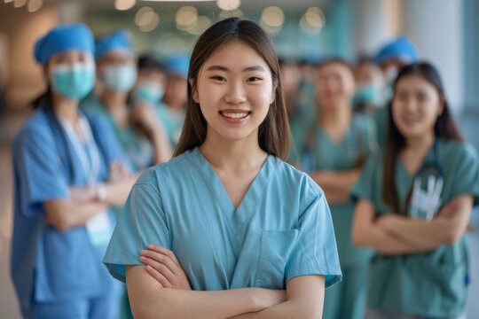 Nurse student in scrubs standing with her team in the hospital