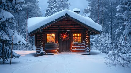 Fototapeta premium Snow-covered wooden cabin with warm glowing lights in winter forest