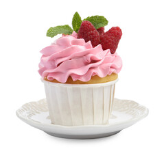 Tasty cupcake with raspberries and mint isolated on white