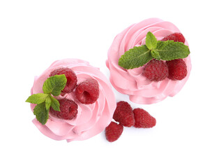 Tasty cupcakes with raspberries and mint isolated on white, top view