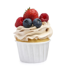 Tasty cupcake with different berries isolated on white