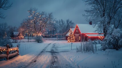 Snowy countryside scene with festive Christmas lights on trees and houses