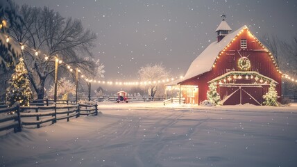 Snow-covered barn with string lights, festive wreath, and snowfall at dusk