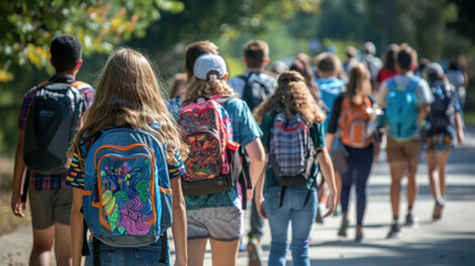 A group of students with backpacks walking together outdoors on a sunny day, likely heading to school.