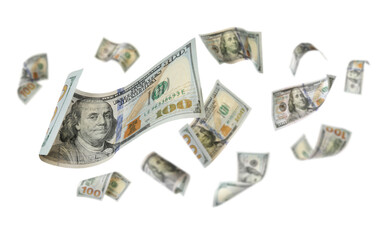 Many dollar banknotes in air on white background