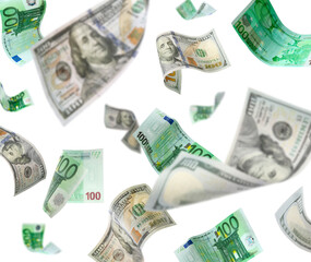 Many dollar and euro banknotes in air on white background