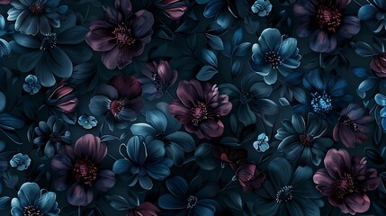 seamless pattern of dark blue, teal and burgundy colored flowers on a black background, in the style of watercolor, 3d render, high resolution photography, high detail, seamless texture, pattern, fabr