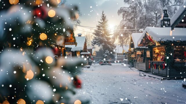 Festive winter market scene with decorated stalls and snowfall