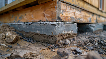 A close-up view of a house foundation, showing the concrete and dirt during the construction phase.