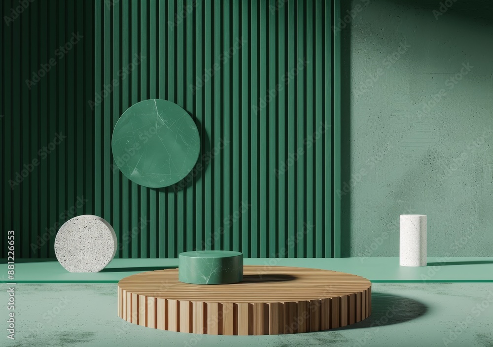 Poster rendering of a green podium with circular and rectangular platforms.