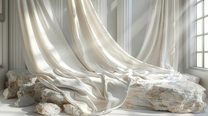 A white stone podium with draped fabric and a minimalist backdrop.