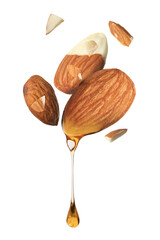 Oil dripping from almonds on white background
