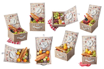 Obraz premium Wicker rattan baskets with picnic foods isolated on white, set