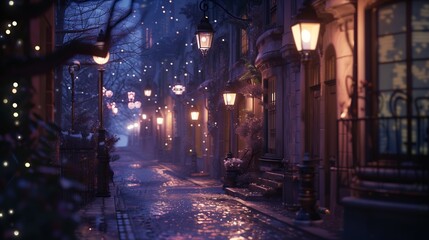 Fototapeta premium A romantic city street lit by lampposts at night