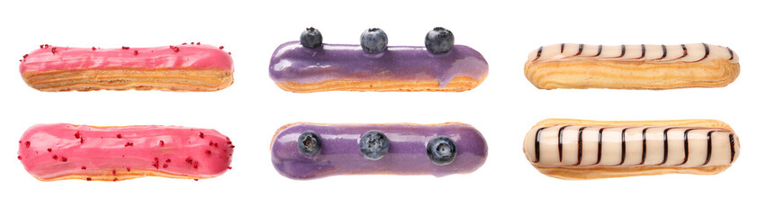 Tasty eclairs with frosting isolated on white, set