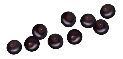 Many acai berries in air on white background