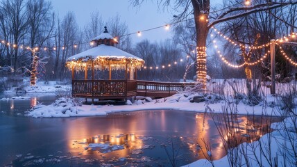 Snowy gazebo decked in string lights at dusk by frozen lake