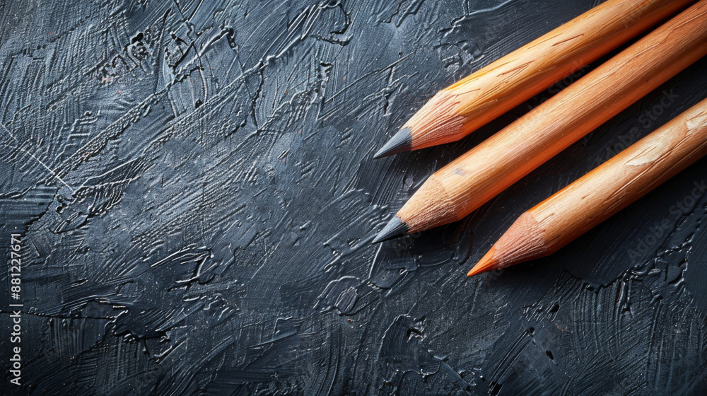 Poster close-up of three sharpened wooden pencils lying on a textured dark background, highlighting their s