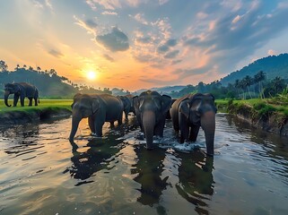 Sri BUTTONia, elephants in the river at sunset
