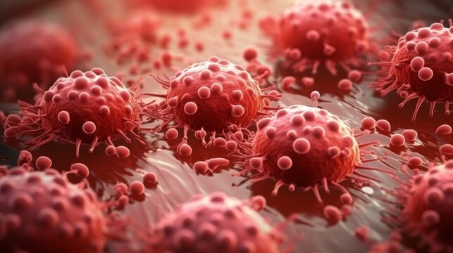 3d rendering of biological lymphocytes engaging with cancer cells in a medical illustration