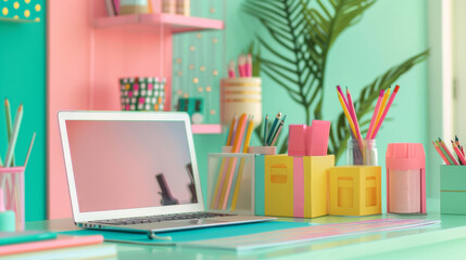 Fototapeta premium Bright and colorful home office space with pencils, boxes of supplies, and a laptop on a desk. The background is pastel green and pink, giving the room a feminine feel.