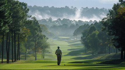 A lone golfer prepares to swing on a picturesque, misty morning golf course surrounded by trees.