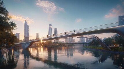 Fototapeta premium Panoramic view of futuristic geometric shapes design empty floor with city skyline . Sunset scene. AI generated illustration