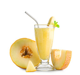 Glass of tasty melon smoothie with mint on white background