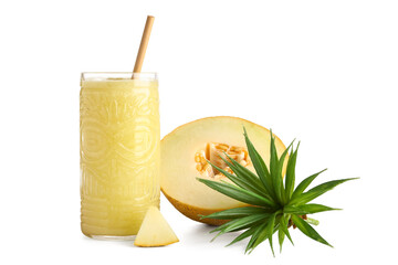 Glass of tasty melon smoothie on white background