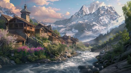 A tranquil morning in a rural village, misty mountains embrace traditional wooden houses amidst vibrant green fields. AI generated illustration